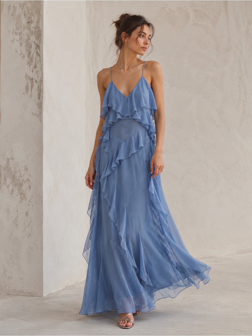 ZARA Zara Blue Cascading Ruffle Chiffon Maxi Dress Gown L NWT